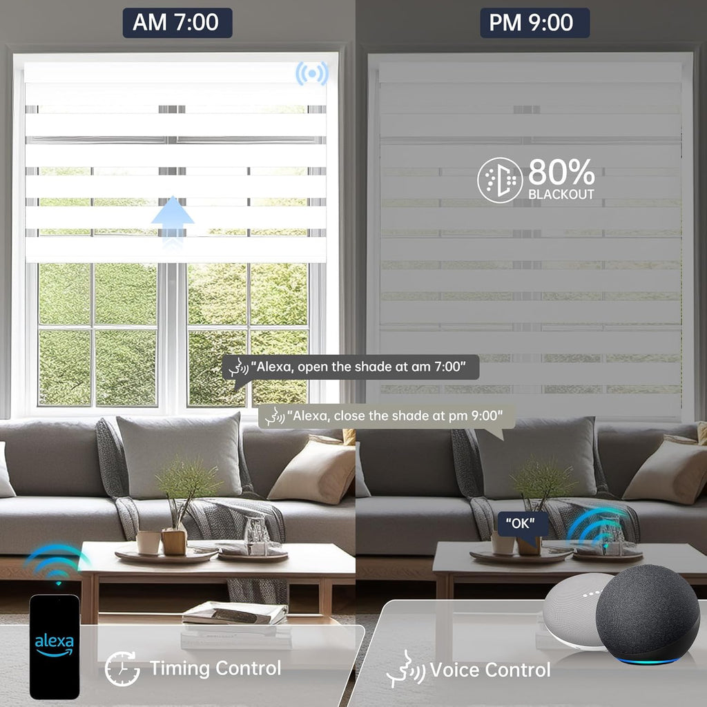 Motorized Zebra Blinds with Remote, Smart Dual Layer Shades Compatible with Alexa, Automatic Room Darkening