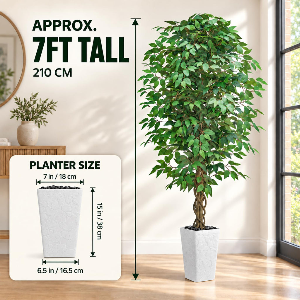 Artificial Ficus Tree 7FT, Large Fake Tree Decor (White Planter)