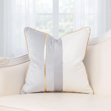 Patchwork Light Grey Silk-Like Velvet Throw Pillow Cover with Gold Striped Leather Cushion Case Modern Luxury Square