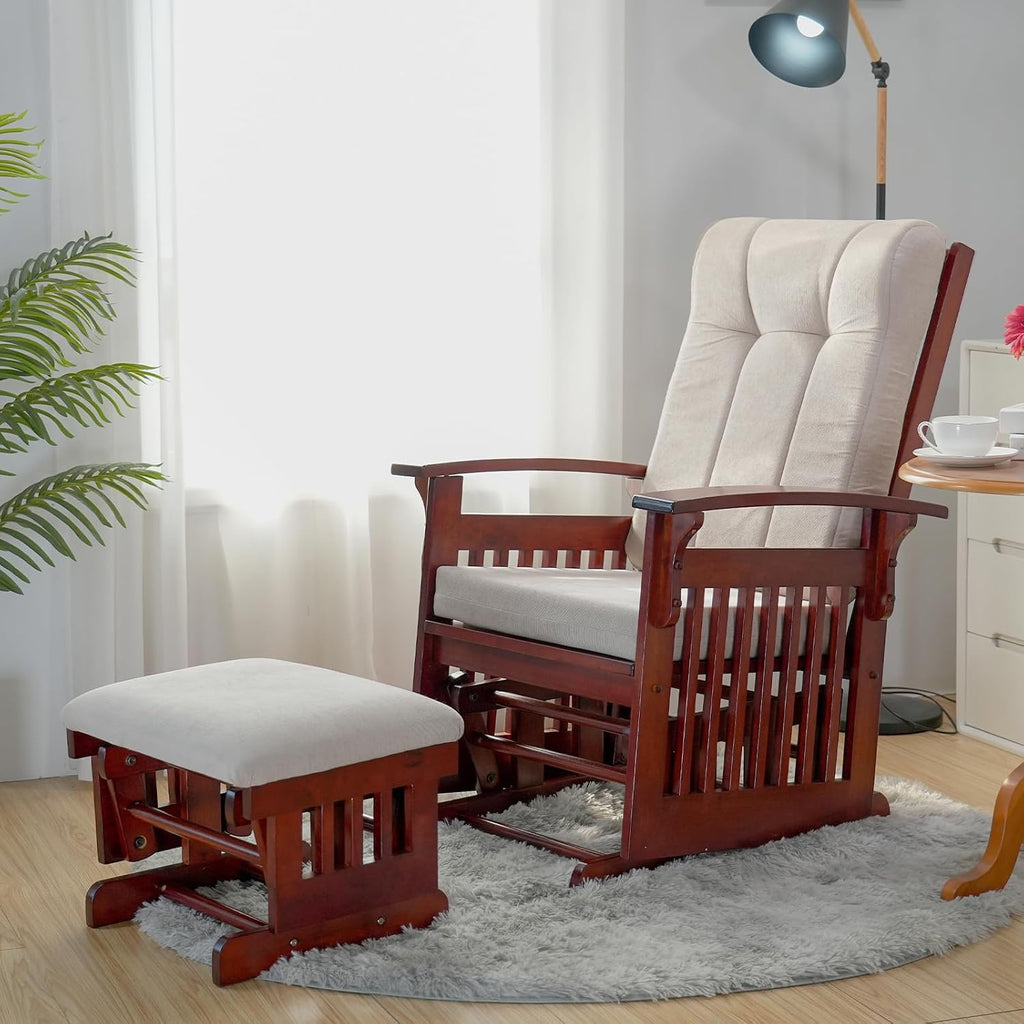 Rustic Glider Chair with Ottoman, Resistant Rubber Wood Nursery Glider and Ottoman Sets for Relaxing, Rocking Chair