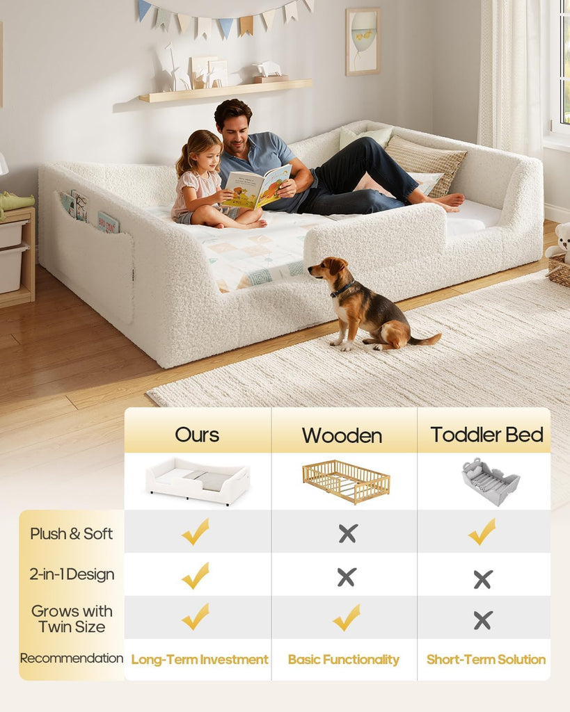 Twin Floor Bed, Low Montessori 2-in-1 Beds, Slats, High Rails, Upholstered | 2-in-1 Convertible Bed Frame, Curved