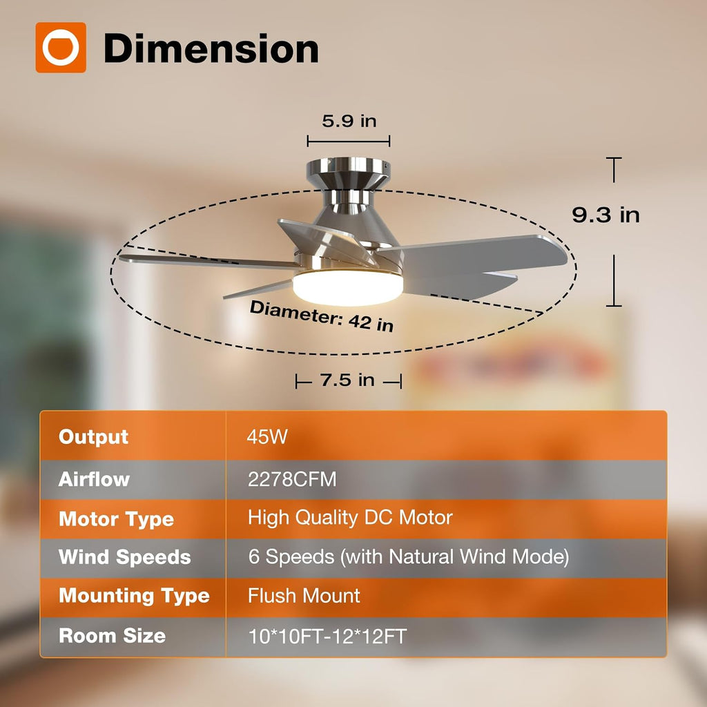 Ceiling Fans with Lights, 32 inch Low Profile Ceiling Fan with Light and Remote Control, Flush Mount, Reversible, 3CCT, Dimmable, Quiet, Nickel Small Ceiling Fan for Bedroom Indoor/Outdoor Use