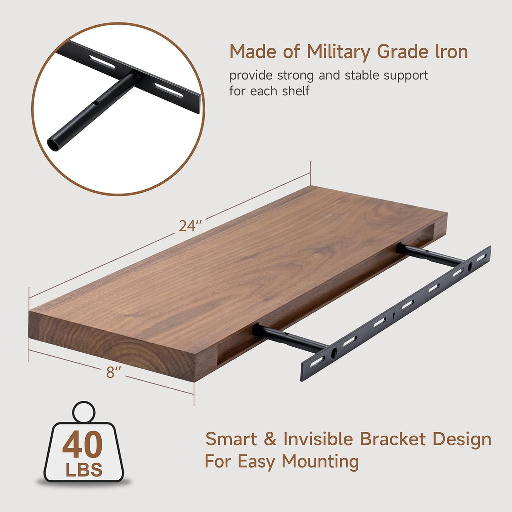 24 Inch Solid Walnut Wood Floating Shelves, 6.7in Deep Wall Shelves | Solid Black Walnut Wood, Natural Grain, Real