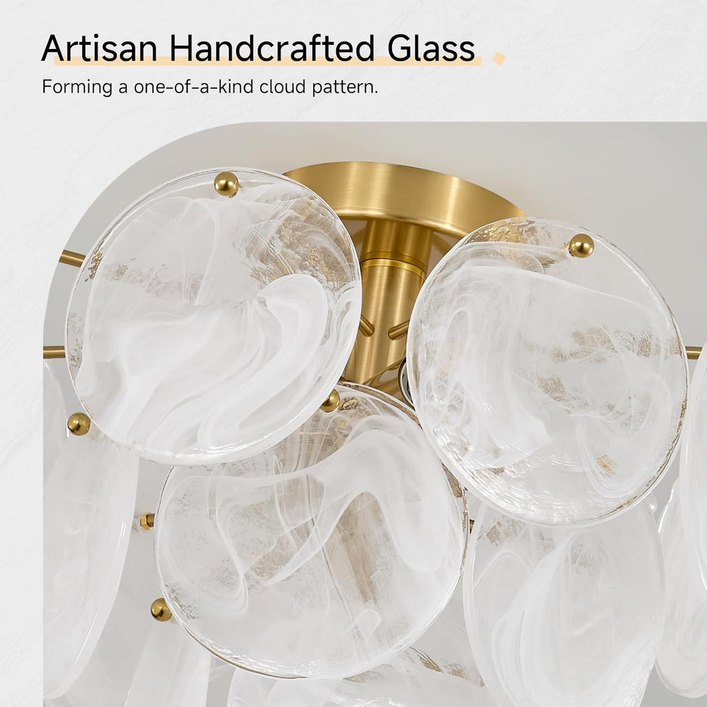 Gold Semi Flush Mount Chandelier, Round Cloud Glass Bedroom Light Fixtures | Modern Mid Century Small Bathroom