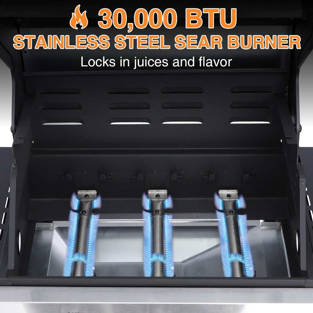 3-Burner Propane Gas Grill, 30,000 BTU BBQ Grill with Folding Side Tables, Cast Iron Grates and Double-Layer Stainless Steel Lid