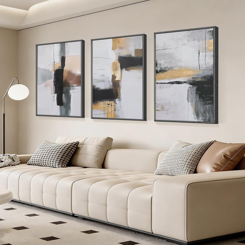 Large Neutral Abstract Wall Art Set of 3 Framed Canvas Prints, 24x36 Inch Modern Beige Black Abstract Paintings with