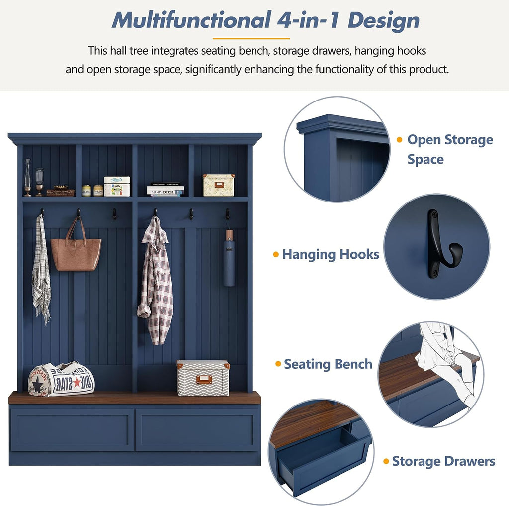 Wood Hall Tree with 6 Hooks & Entryway Bench, Farmhouse Mudroom Versatile Coat Racks with 2 Large Drawers, Entrance
