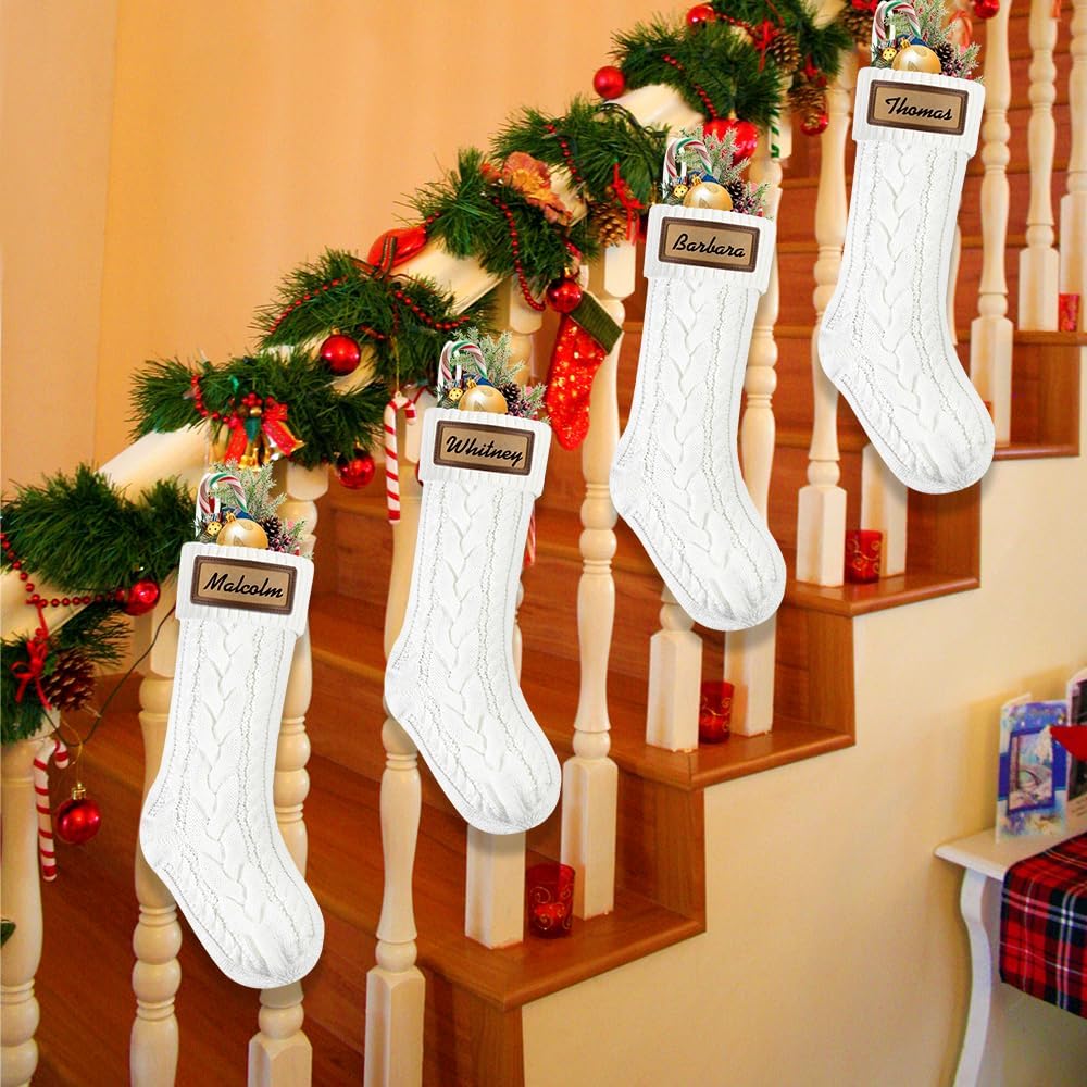 Christmas Stockings, 18inch Large White Cable Knitted Stocking Personalized Xmas Hanging Stocking with Leather - Set of 6