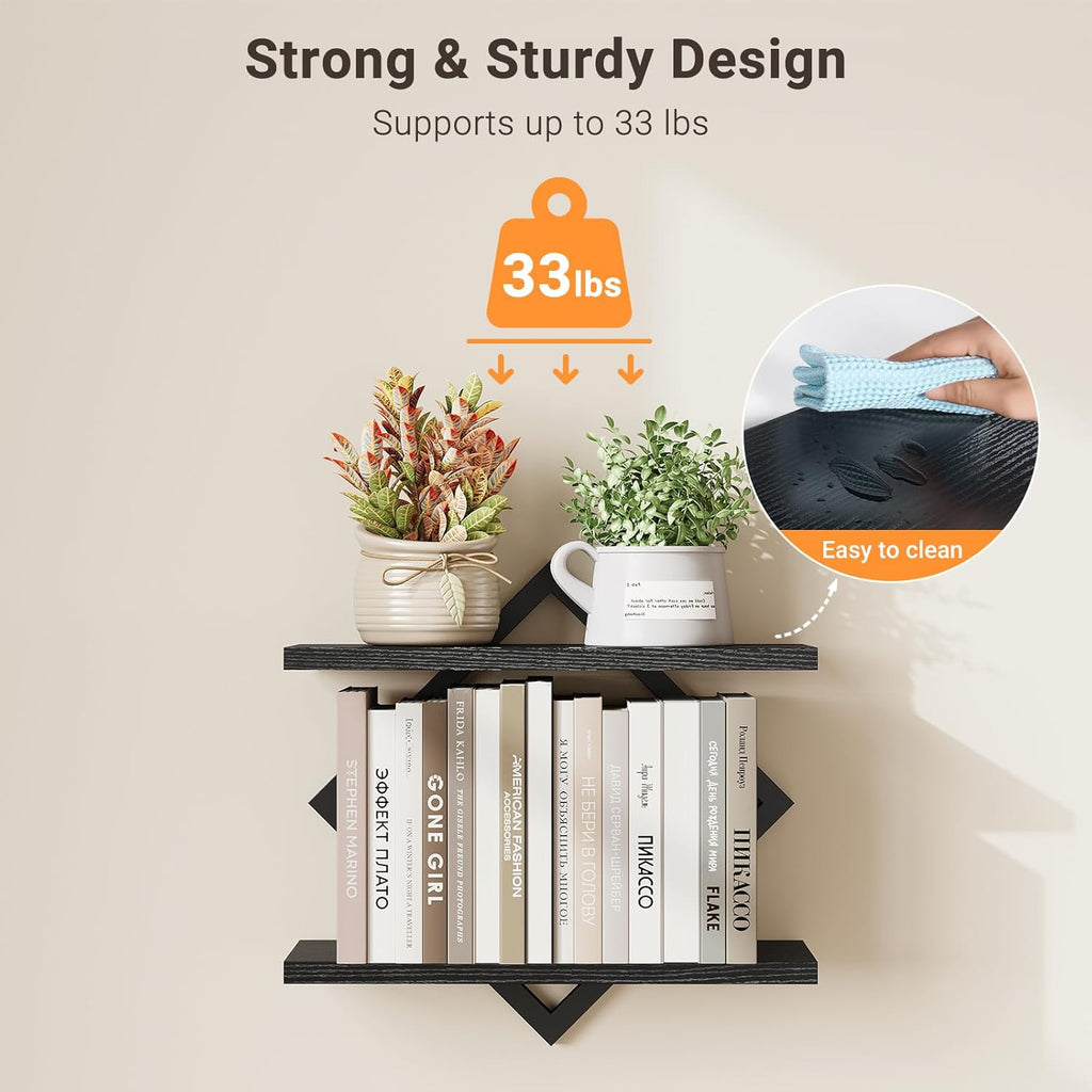 Floating Shelves for Wall, Set of 2 Hanging Shelves, Black | 2-Tier Wall Mounted Storage Shelves for Decor, Books
