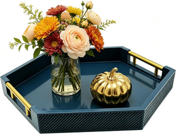 Hexagon Decorative Serving Tray with Polished Gold-Tone Metal Handles, Black Glossy Finish, Large Ottoman and Coffee