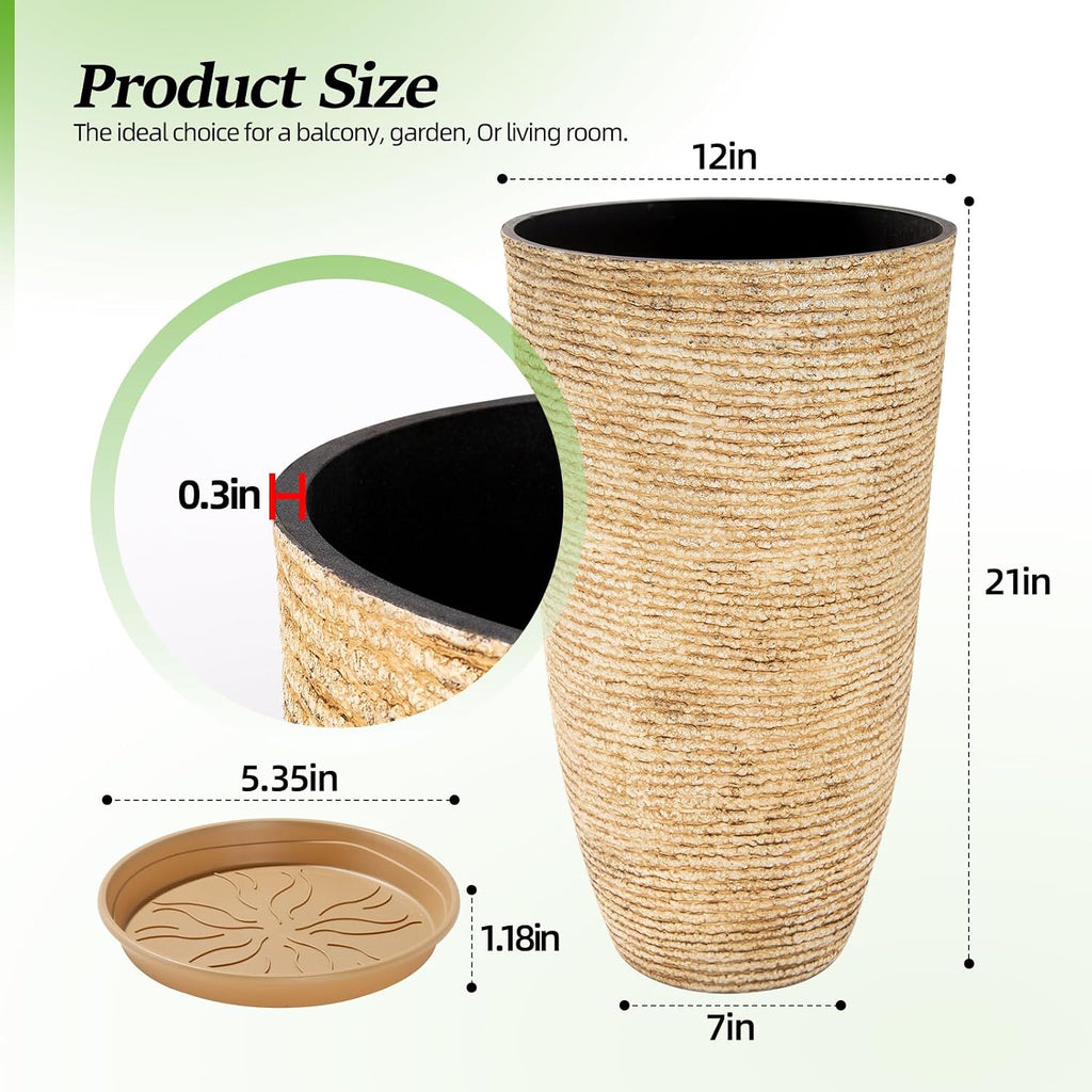 Set of 2 9 Gallon Tall Large planters for Outdoor/Indoor Plants of 12" Dia x 21" H Round Flower Pots Set Faux Stone