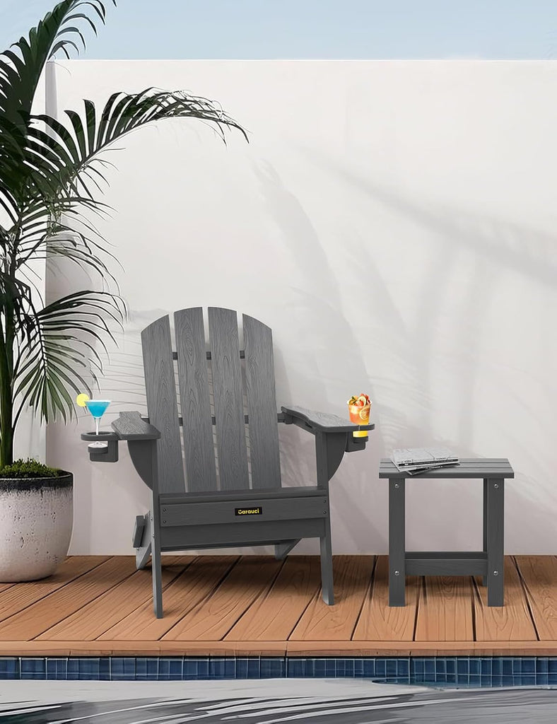 Folding Adirondack Chair Set of 2, Wooden Textured Plastic Adirondack Chairs with 2 Cup Holder, Weather Resistant