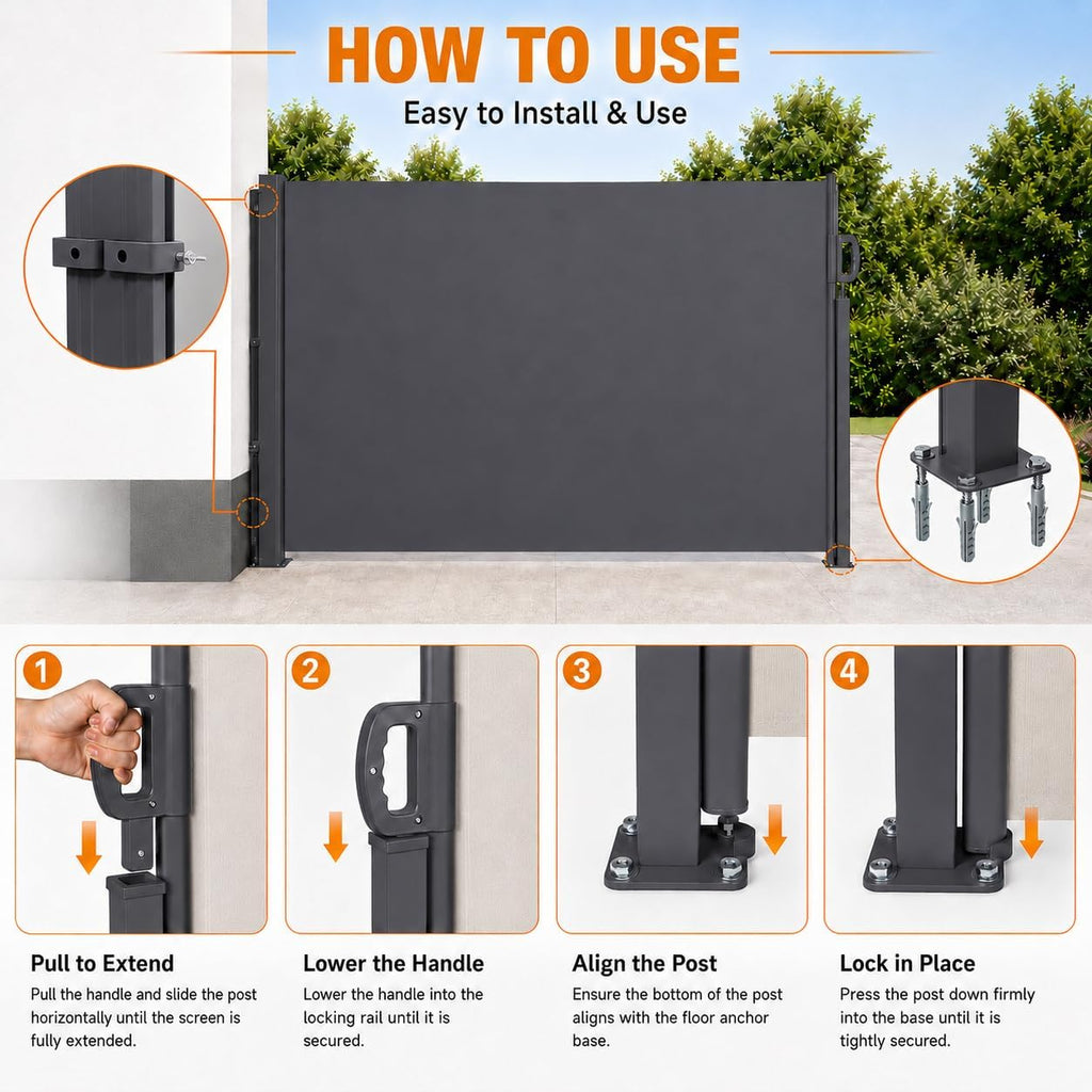 118" x 71" Retractable Side Awning, Outdoor Retractable Privacy Screen, Waterproof & UV-Resistant Retractable Fence