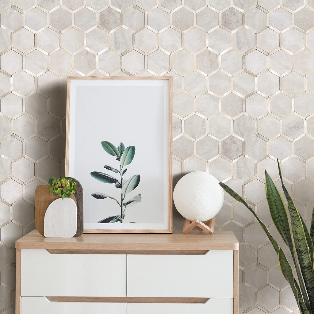 Hexagon Peel and Stick Backsplash Tile, Stick on Backsplash , Beige Marble Look PVC Mixed Metal Gold Self Adhesive