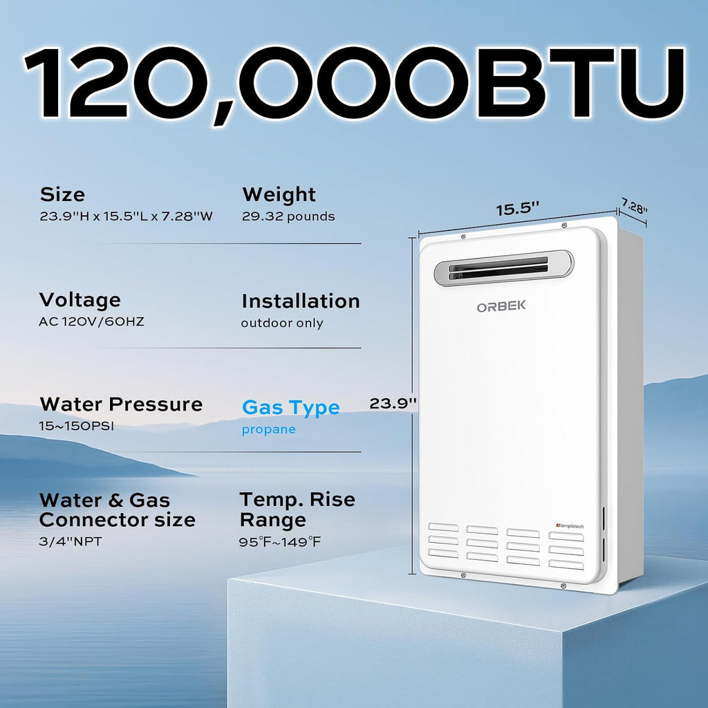 Propane Tankless Water Heater Outdoor -Max 5.1 GPM 120, 000 BTU Outdoor Installation