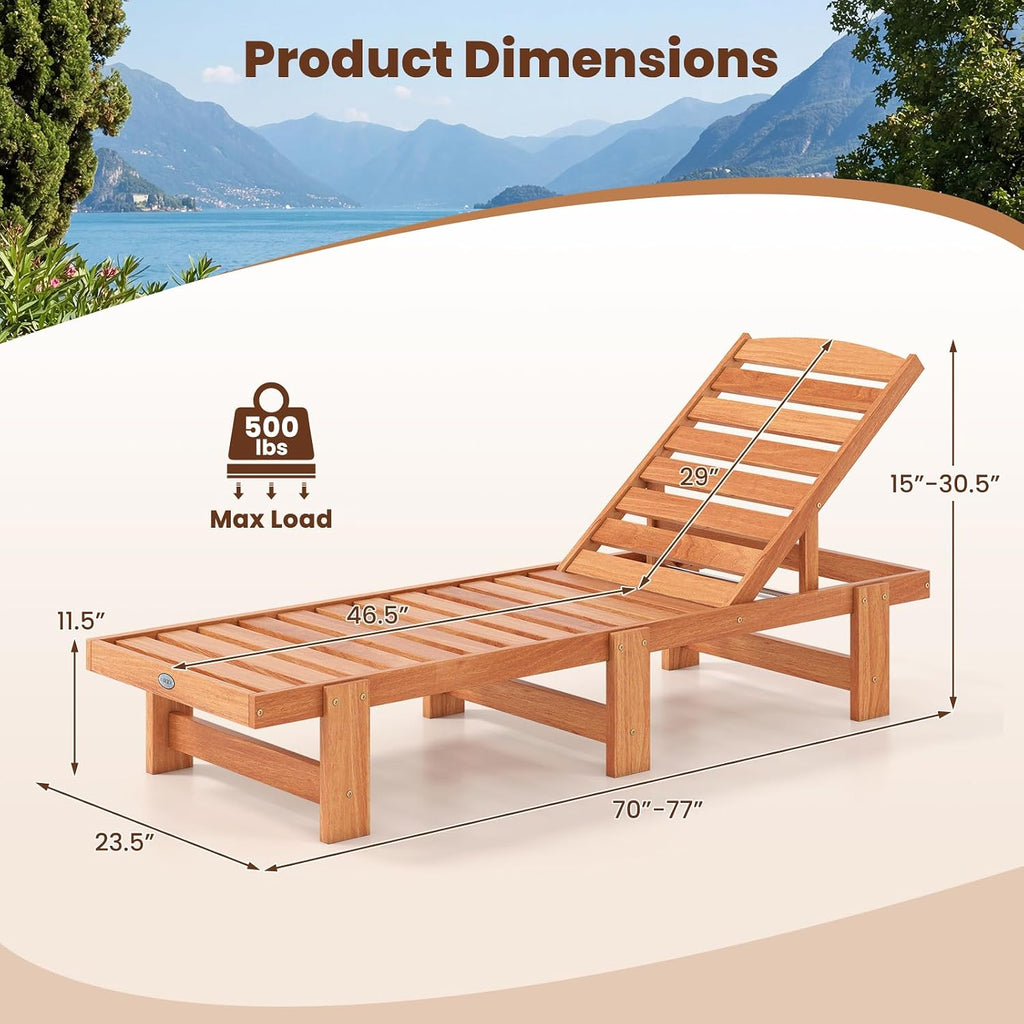 Lounge Chair Outdoor, Solid Wood Patio Chaise Lounge with 5-Level Adjustable Backrest, Wooden Slatted Beach Pool