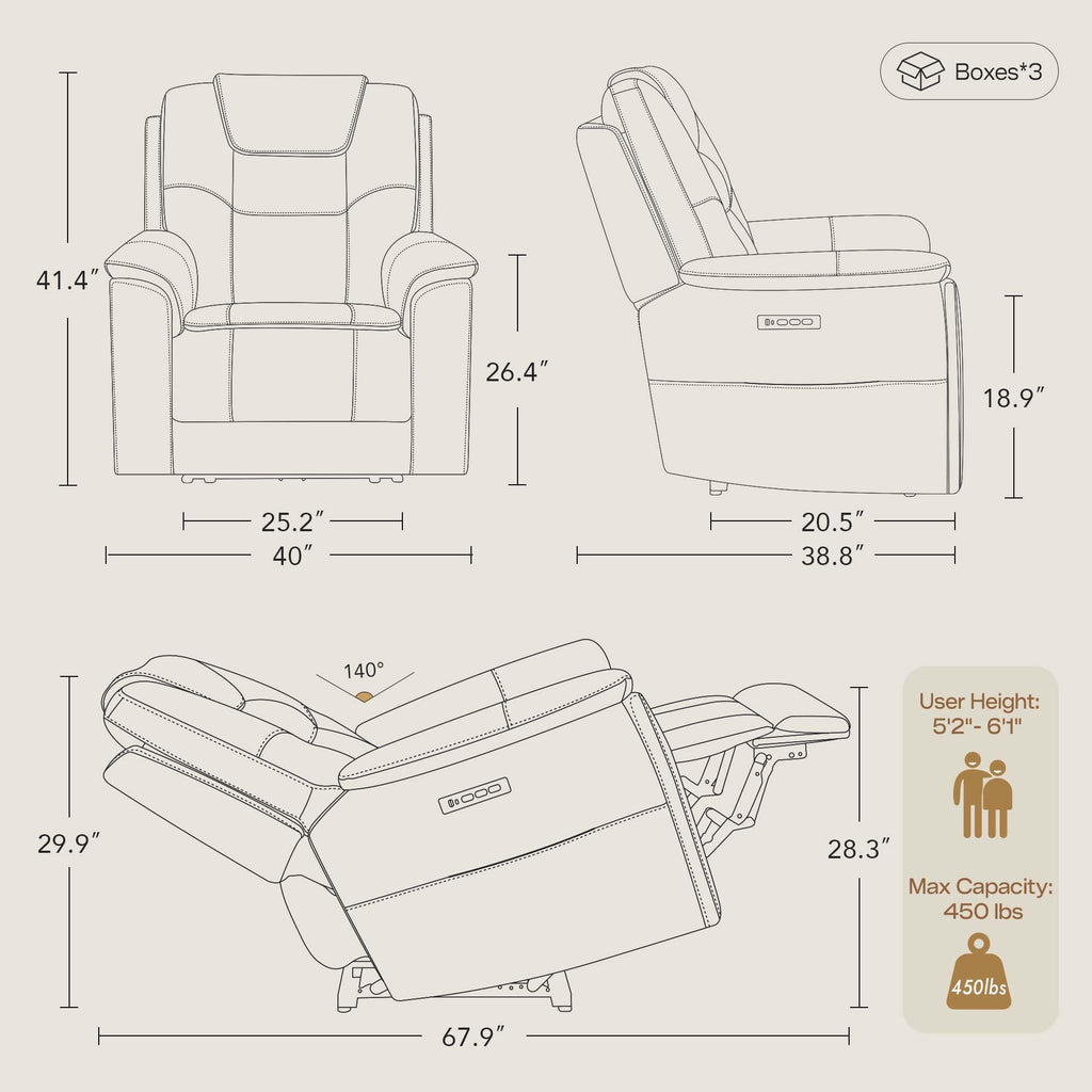 Power Recliner Chair Oversized Genuine Leather, Saddle