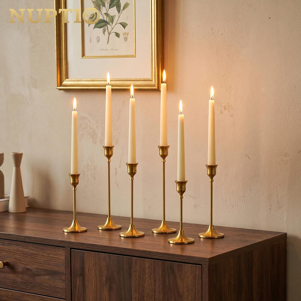 2 Sets(6 Pcs) Brass Gold Metal Taper Candle Holders Candlestick Holders, Vintage Modern Decorative Centerpiece