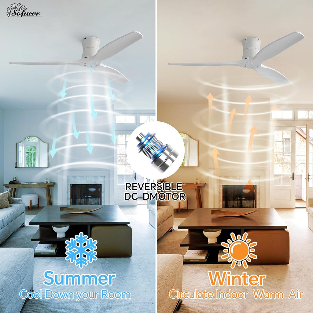 52" Smart Ceiling Fan No Light, Solid Wood Low Profile Ceiling Fan with Remote