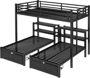 Heavy Duty Triple Bunk Bed with Storage Drawers, Shelves, Triple Bed with Charging Station