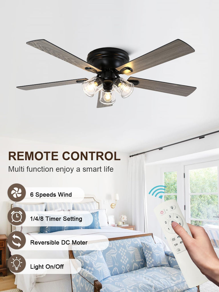 52 Inch Flush Mount Vintage Ceiling Fan with Lights and Remote