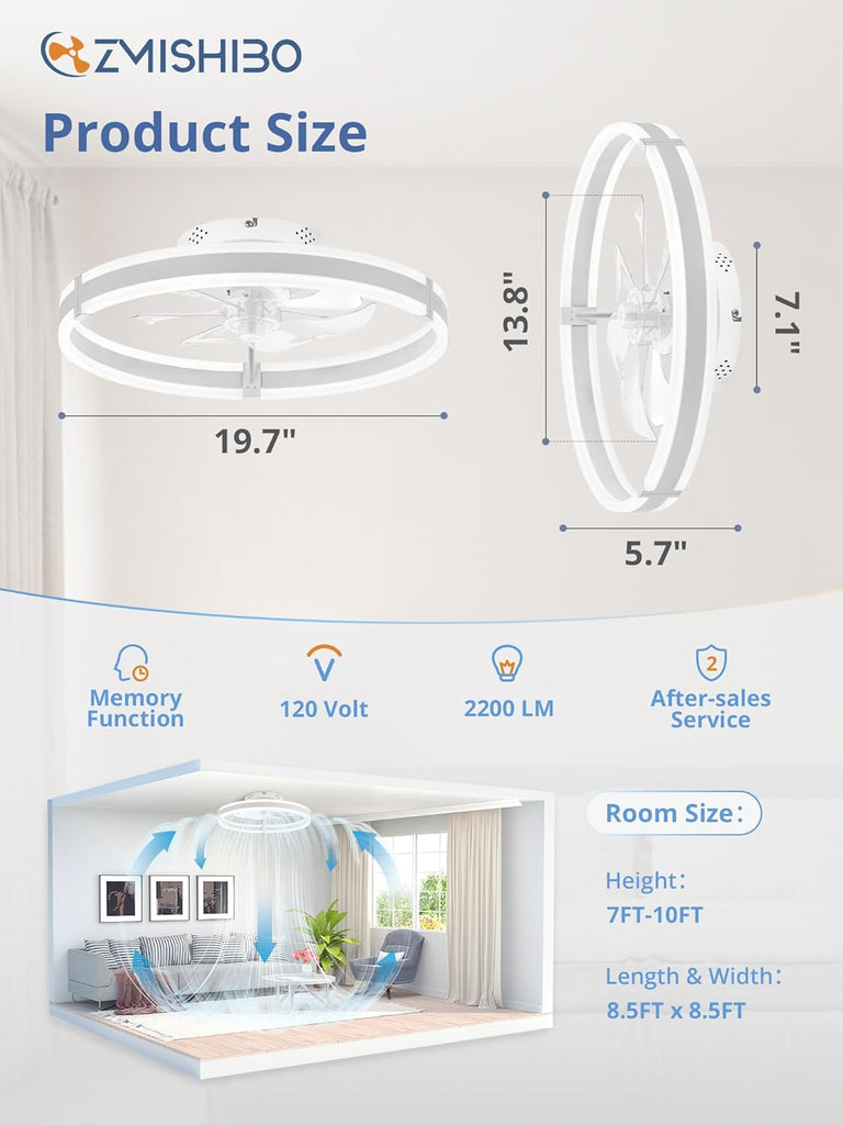 Ceiling Fans with Lights and Remote, 19.7'' Low Profile Ceiling Fan, 3000-6000K Dimmable Modern Flush Mount LED Fan Light, 6 Wind Speeds, White Fandelier Ceiling Fans for Bedroom