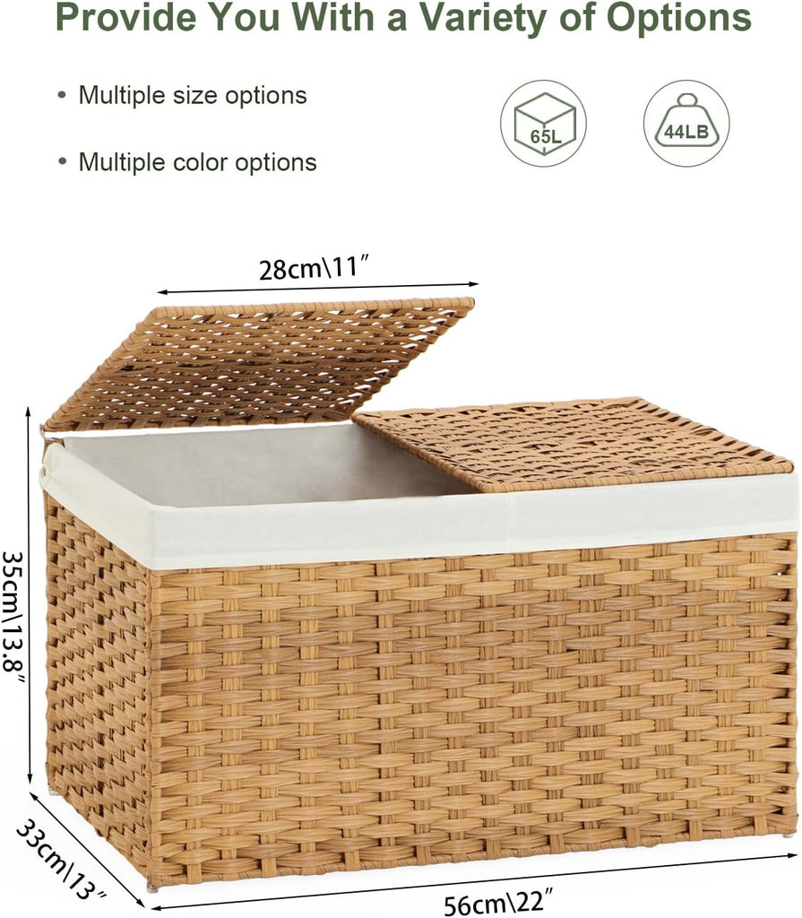 Storage Basket with Lid Rattan Woven Storage Baskets with 2 Separate Lids, 17.2 Gallon (65 L), 22 x 13 x 13.8