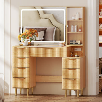 Modern Vanity Desk with 31.5" Mirror and Lights,Makeup Vanity Table with 8 Drawers,Makeup Desk with Power
