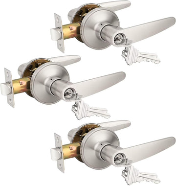 (3 Pack Keyed Entry Door Lever Lock Door Handleset,(keyed Alike) Each with 3 Keys All Same Key in Satin Nickel