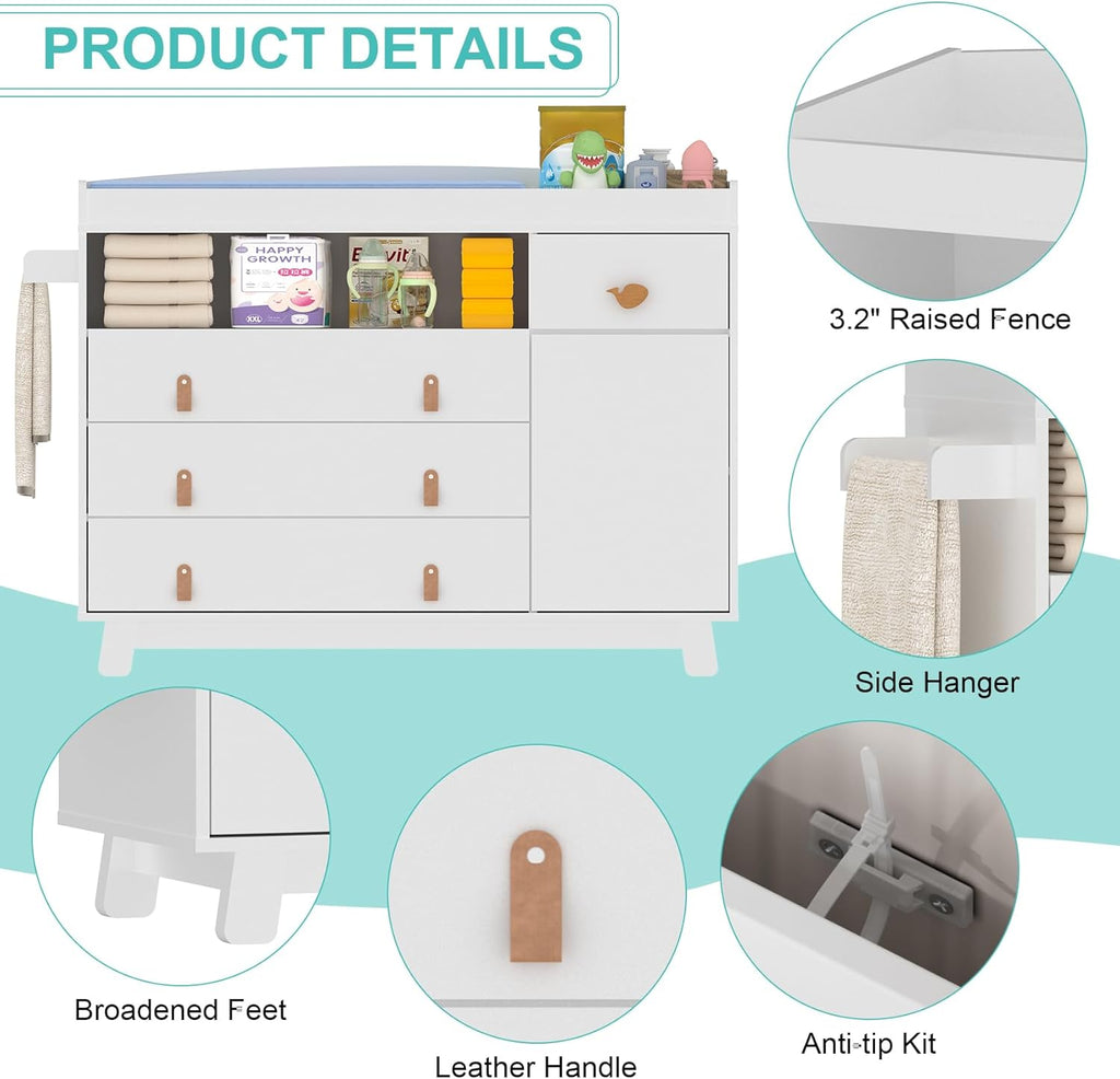 Baby Dresser with Changing Table Top, Baby Changing Table Dresser with 4 Drawers and Adjustable Shelves