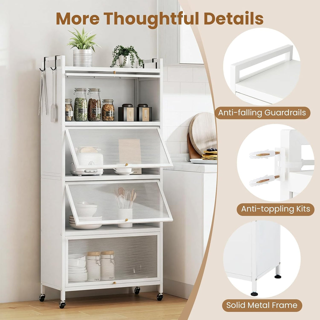 5-Tier Kitchen Storage Cabinet, 4 PC Doors, Rolling Wheels (White) | Mobile Metal Pantry Cabinet with 4 Hooks &
