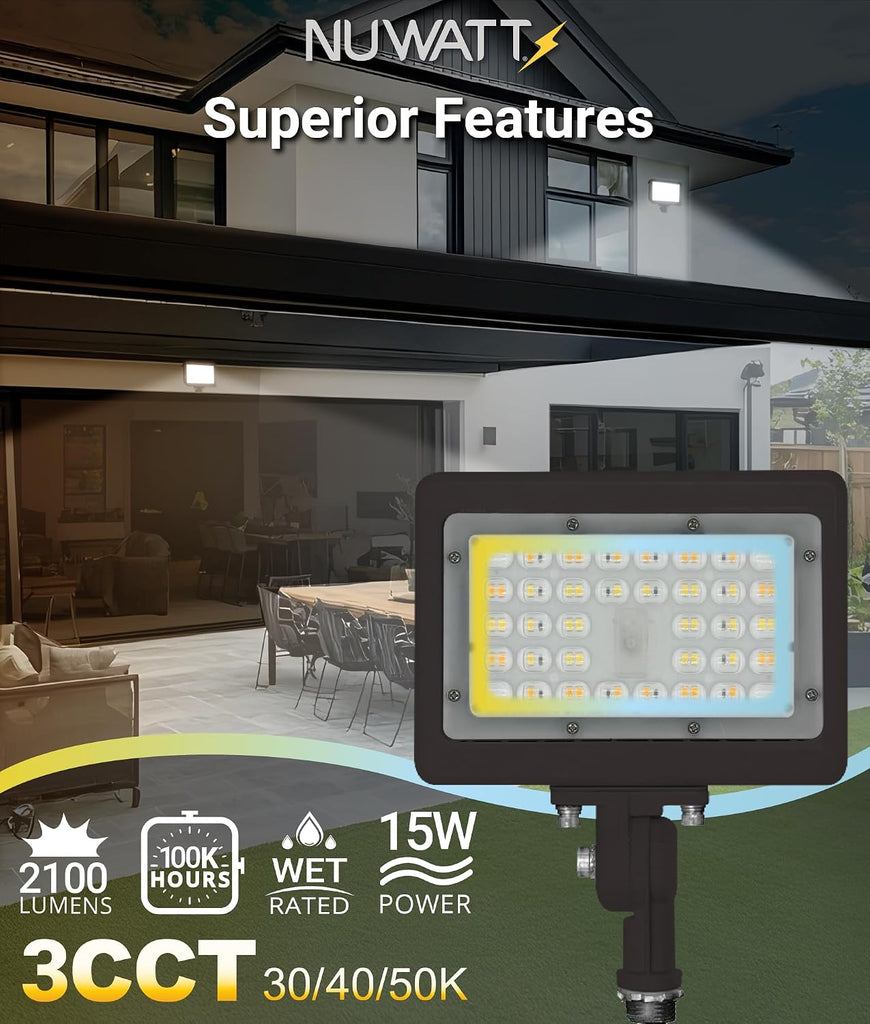 15W LED Flood Light, 3CCT 3000K/4000K/5000K Selectable, IP65 Waterproof Lighting, 1/2" Adjustable Knuckle Mount, 2100