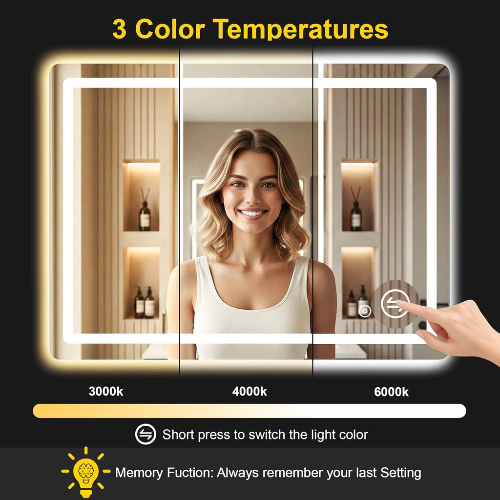 LED Bathroom Mirror with Lights - Anti-Fog, Dimmable, Backlit+Frontlit, 3 Color Light - 40"x30" Lighted Vanity Mirrors
