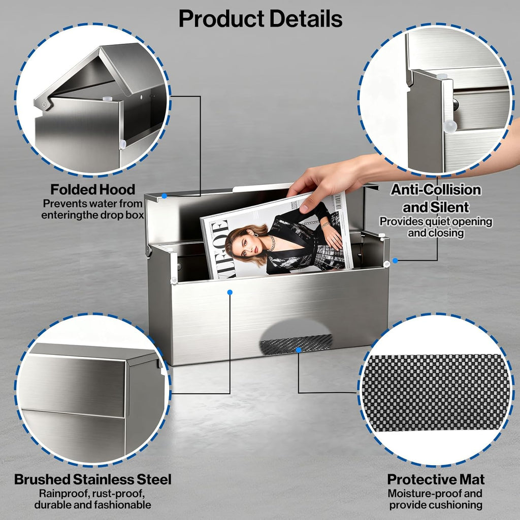 Rainproof Stainless Steel Mailbox for Walls, Heavy Duty Wall Mounted Mailbox (2)