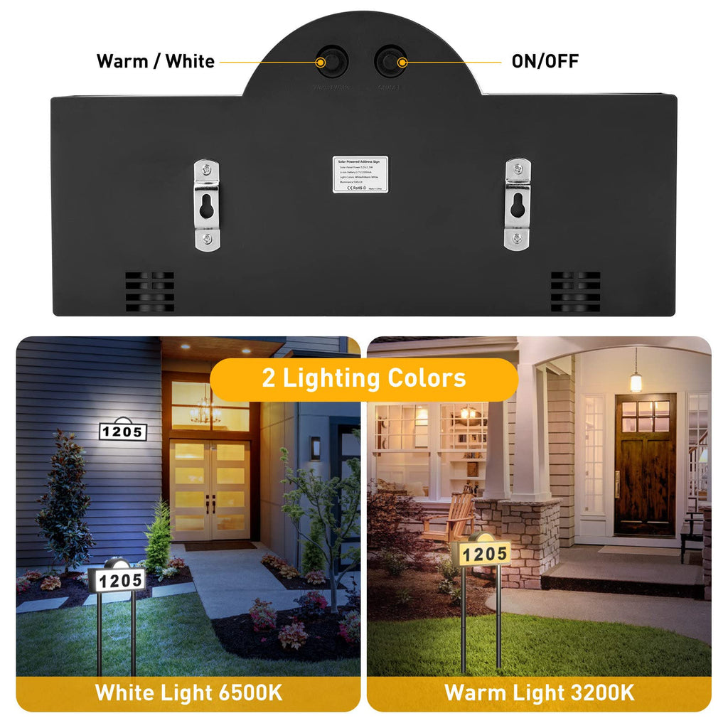 Solar House Numbers Address Sign, IP65 Waterproof Solar Address Plaque for Outside, 3200K Warm & 6500k Cold LED