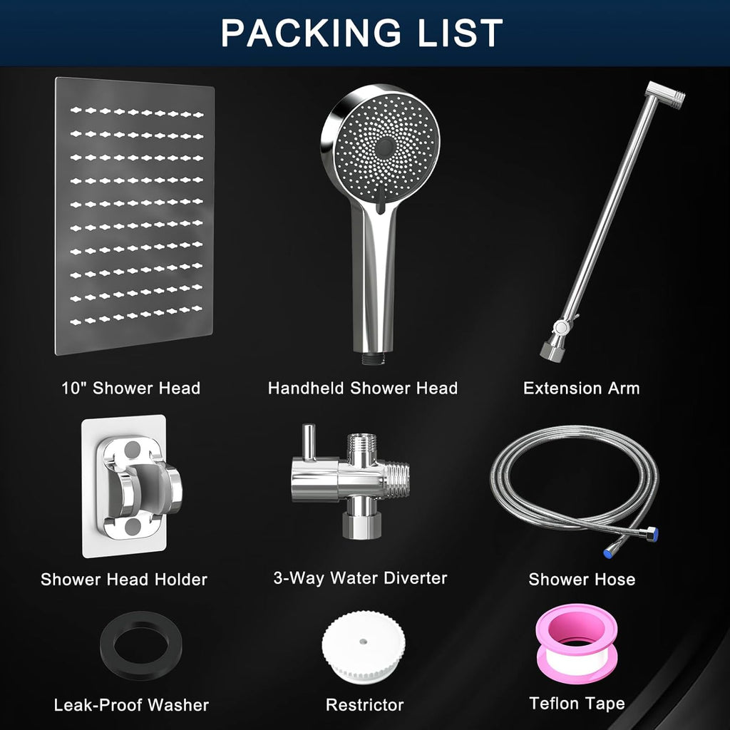 Shower Head, Rain Shower Head with Handheld Spray Combo, 10 Inch Adjustable High Pressure Rainfall Shower Head