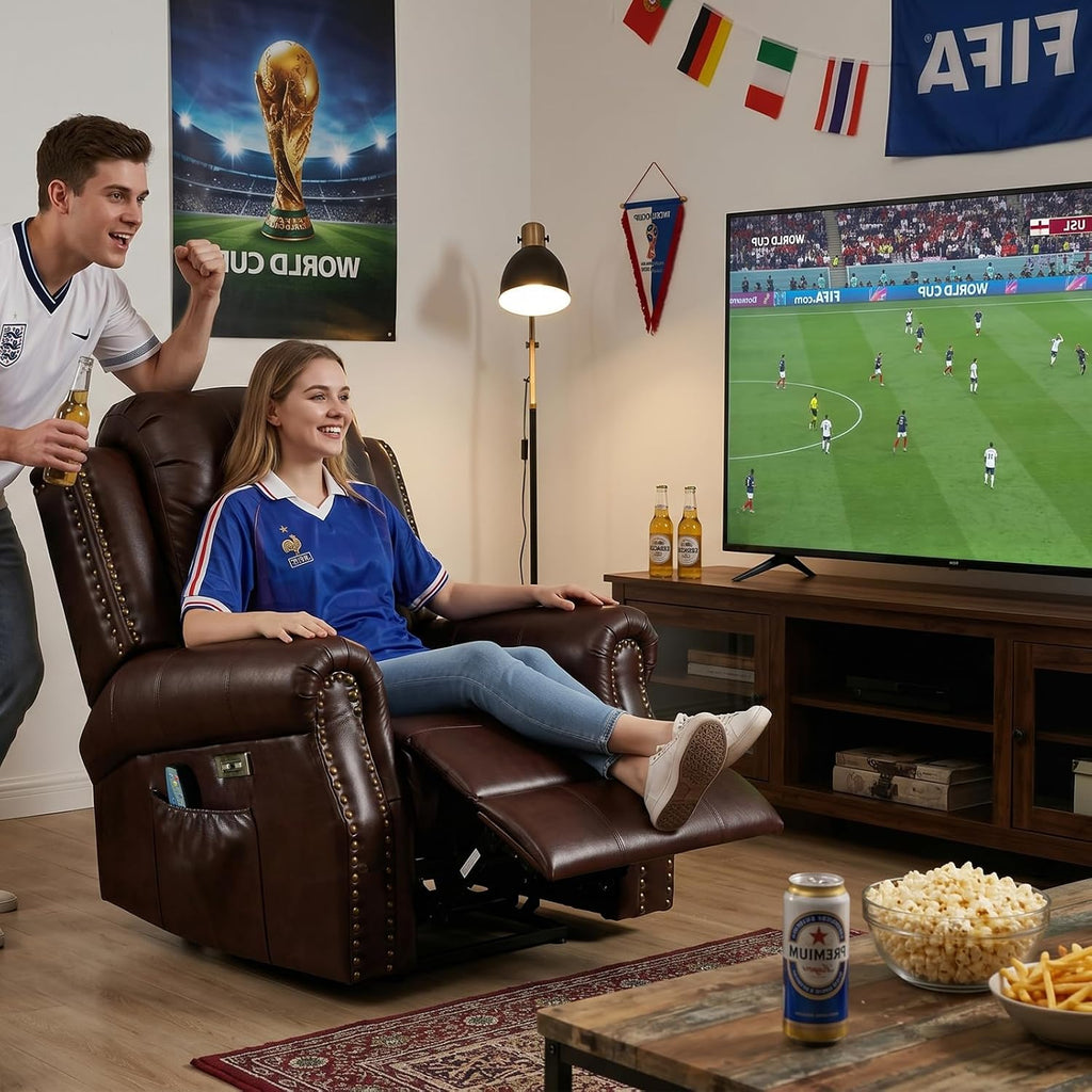 Classic Power Recliner Chair with Massage and Heat, Breathable Faux Leather Electric Recliner with USB&Type-C Ports