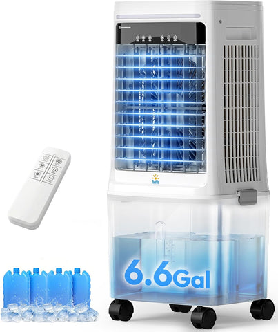3-in-1 Portable Evaporative Air Cooler - 2000 CFM Swamp Cooler with 6.6-Gal Dual Tank & 4 Ice Packs, Remote Control