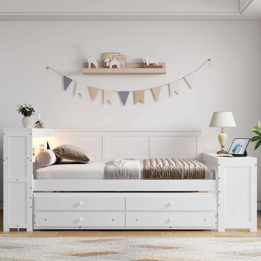 Full Size Daybed with Storage Shelves,Drawers,Trundle,Charging Station,LED Light,Desk and Cabinet, White