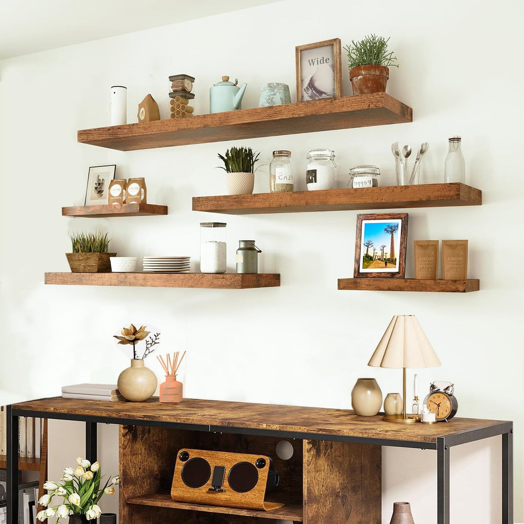 Set of 2 Rustic Shelves for Wall - 16 Inch Rustic Wood Floating Shelves with 1/5" Thicker Steel Brackets | Heavy Duty