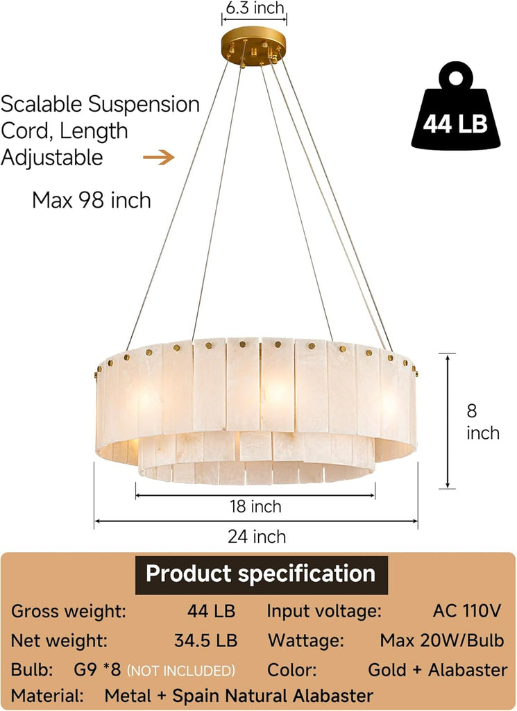 Alabaster Chandelier Round,Modern Drum Chandeliers,Spanish Marble Pendant Light Fixture for Living Room,Dining Room,Bedroom,Foyer,Kitchen Island,D24 inchs,8-Lights G9