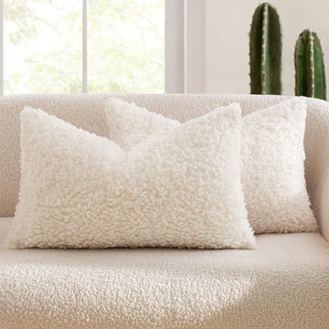 Decorative Faux Fur Pillow Covers Lumbar Sherpa 12x20 Neutral White