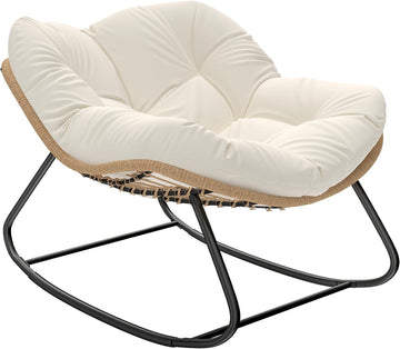Papasan Rocking Chair Oversized Indoor Outdoor Cushion Beige | Wicker, PE Rattan, Outdoor Rocker Egg Chairs, Living