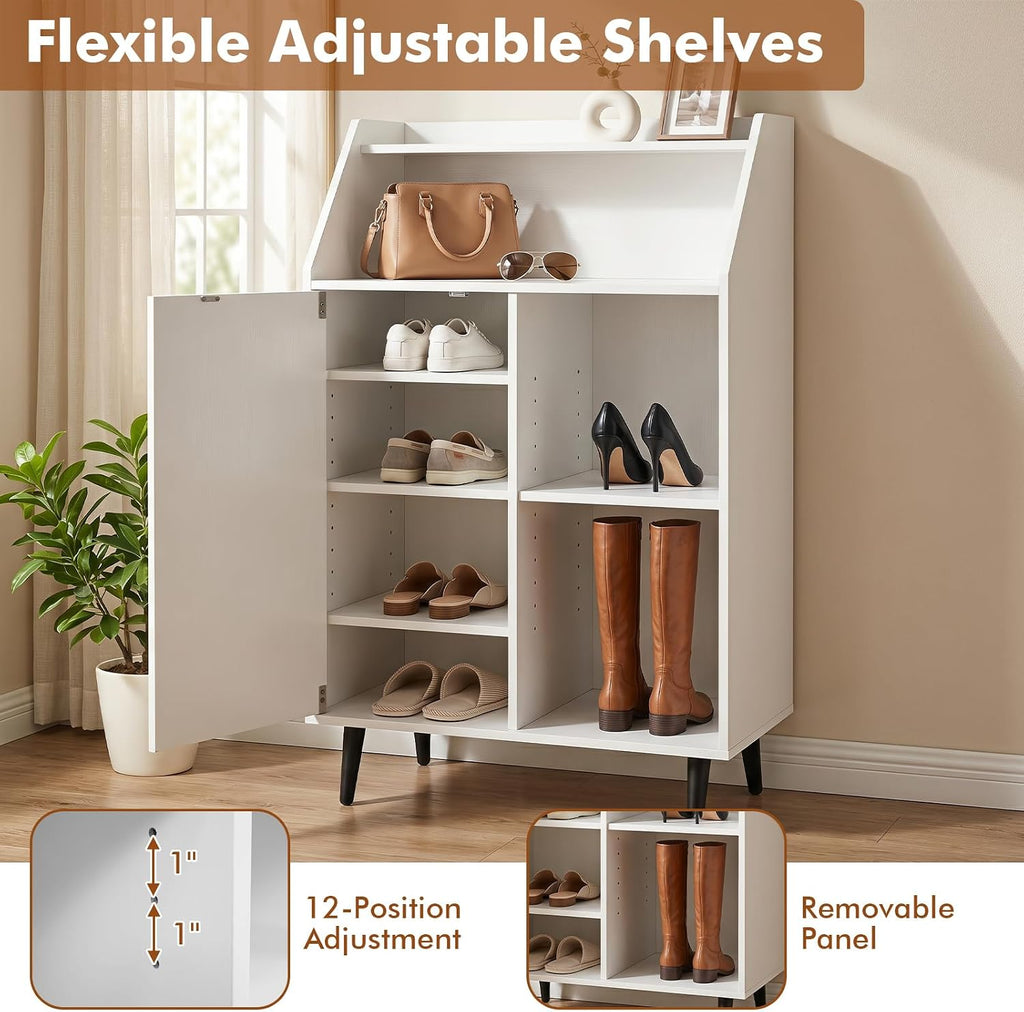 Shoe Storage Cabinet w/Single-Door, Adjustable Shelves | 7-Tier Entryway Cabinet w/Open Compartment, Anti-Tipping