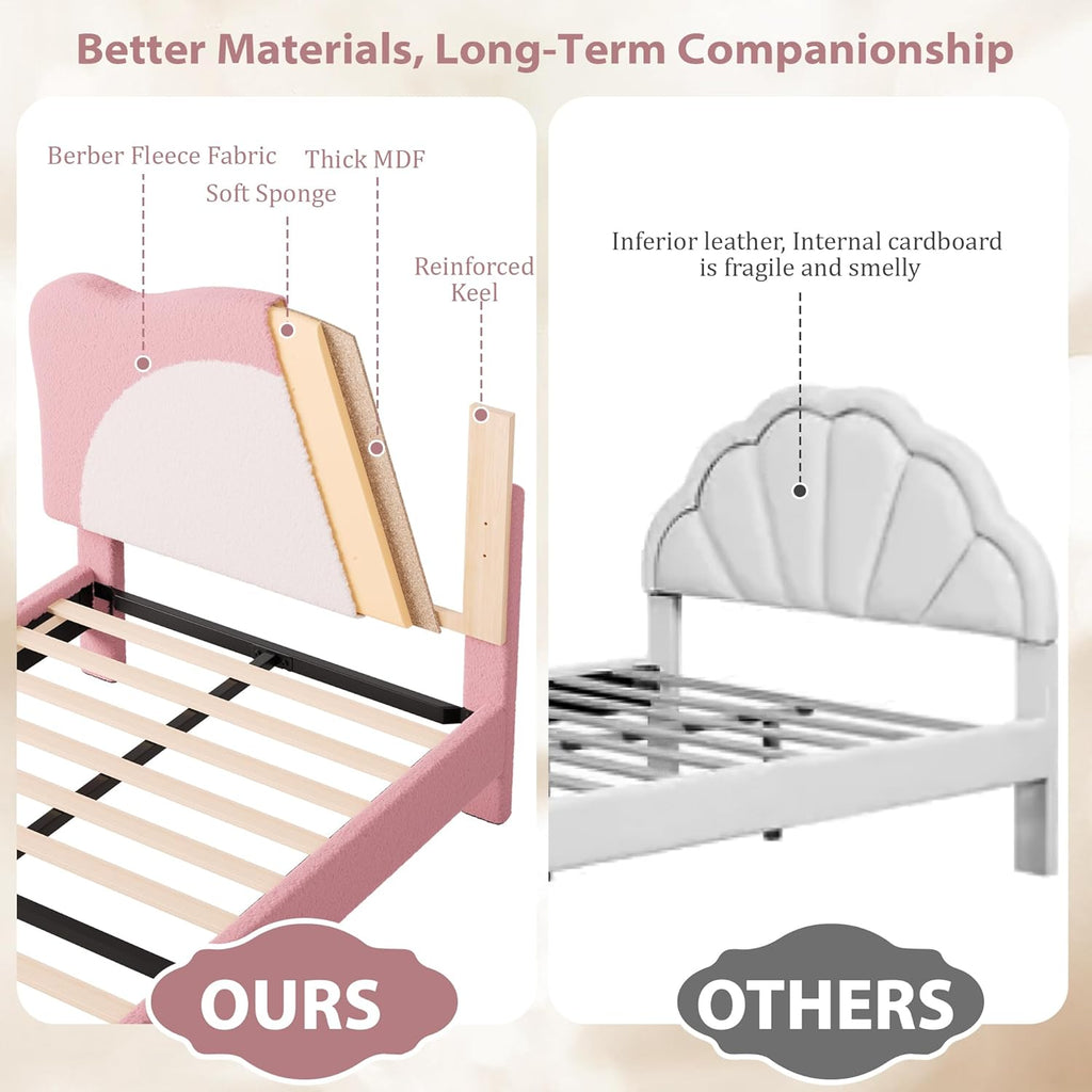Twin Size Bed Frame for Kids - Cute Velvet Princess Platform Bed with Upholstered Headboard for Girls/Boys, Solid
