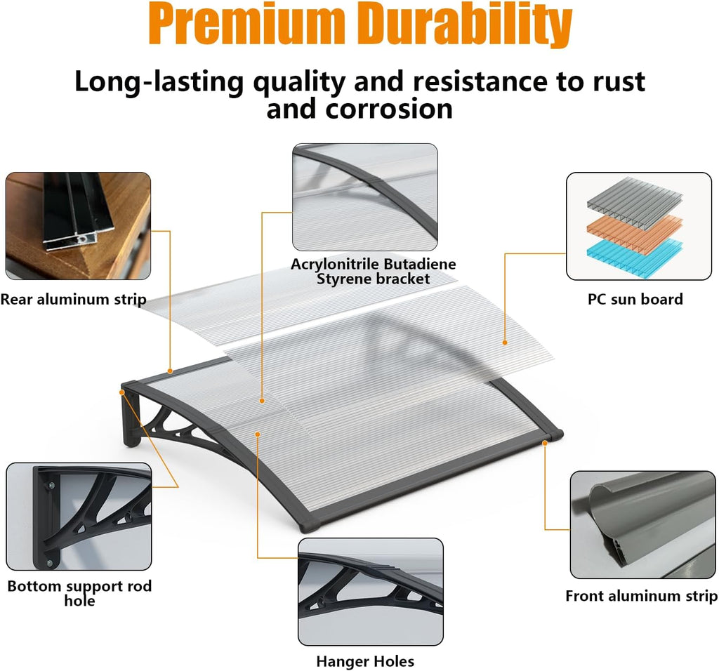 Window Awning Door Canopy 40"x60", Awnings for Doors Polycarbonate Cover Patio Door Awning UV Rain Snow Sunlight