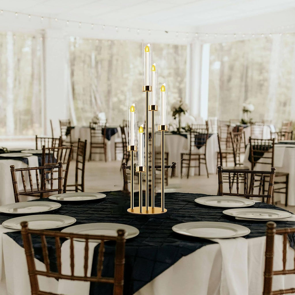 Candelabra Gold Centerpiece 5 Arms Taper Candle Holder Gold Centerpiece with Acrylic Tubes for Table Decoration
