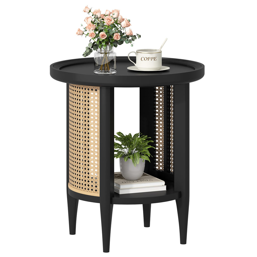 Round Rattan Style Side Table with Solid Wood Legs, Boho Style Nightstand Bedside Table with 2-Tier Shelves, Small