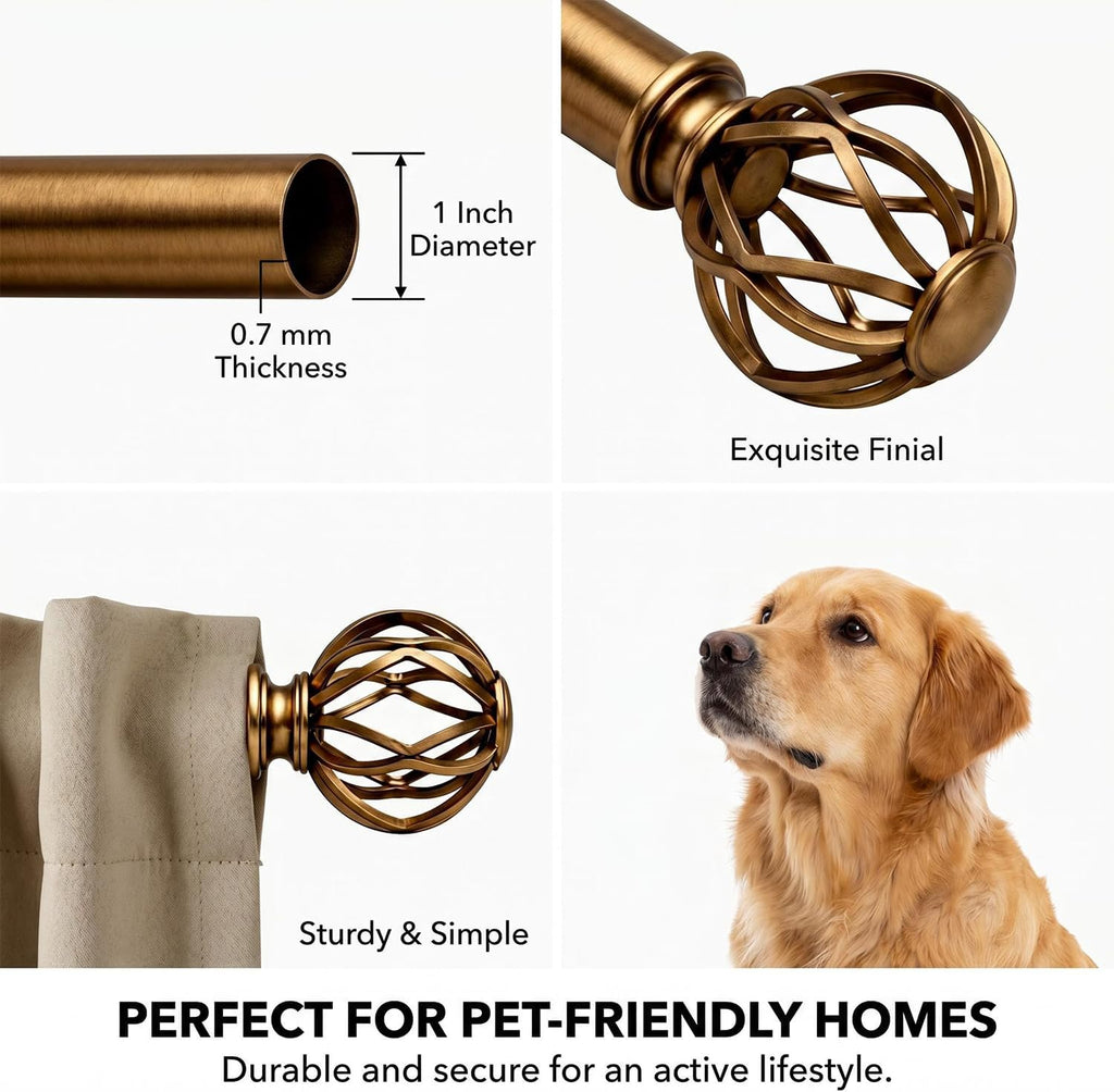Brass Curtain Rods for Windows, 1 Inch Adjustable Curtain Rod, Heavy Duty Window Curtains Rod
