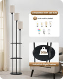 Floor Lamp with Shelves, Modern Floor Lamp with 3 Linen Shades and Foot Switch, 3-Light Standing Lamp